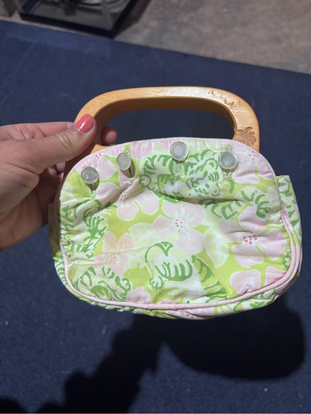 Lily purse Floral Pink & Green Handbag with Wooden Handle
